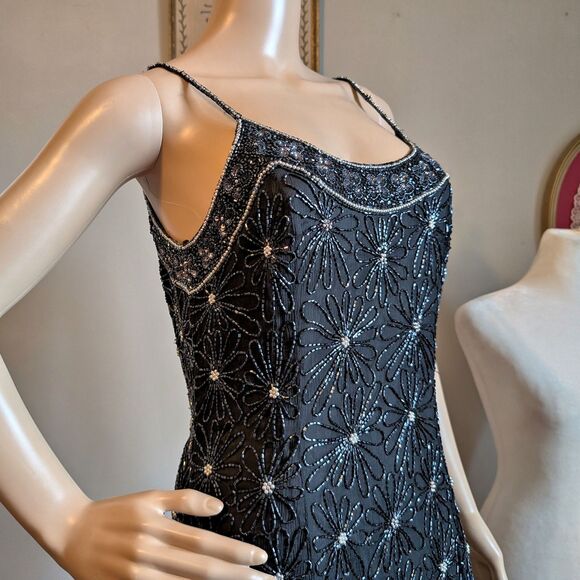 Vintage 90s Papell Boutique Midi Dress Beaded Silk Prom Formal Whimsygoth 10 - Picture 12 of 16